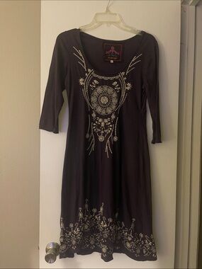 Johnny Was Embroidered Scoop Neck Black Dress with Three-Quarter Sleeves -Size S